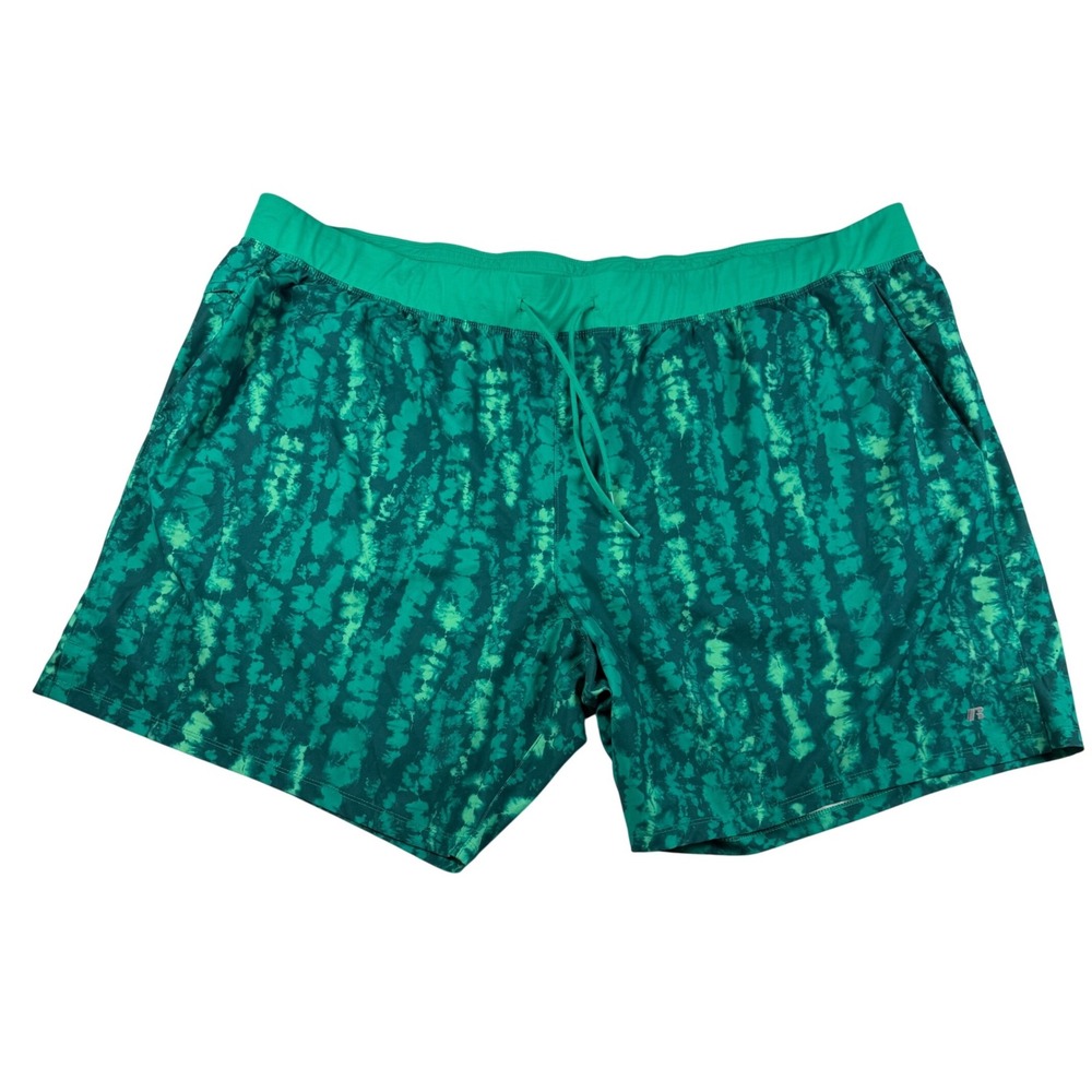 Russell Athletic Mens 5XL Green Tie Dye Athletic Shorts Pockets Stretch Gym